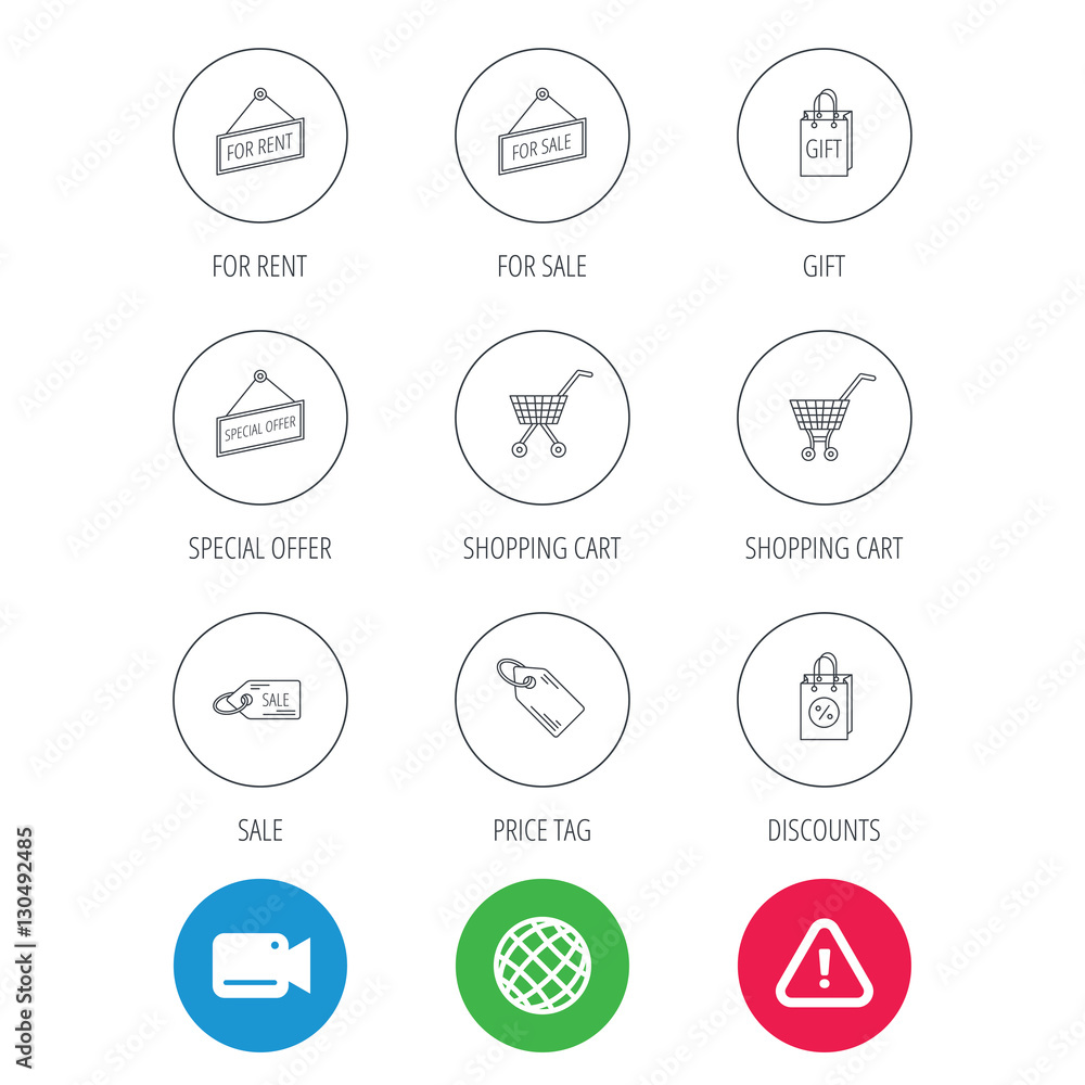 Shopping cart, gift bag and sale coupon icons. Special offer label linear signs. Discount icon. Video cam, hazard attention and internet globe icons. Vector