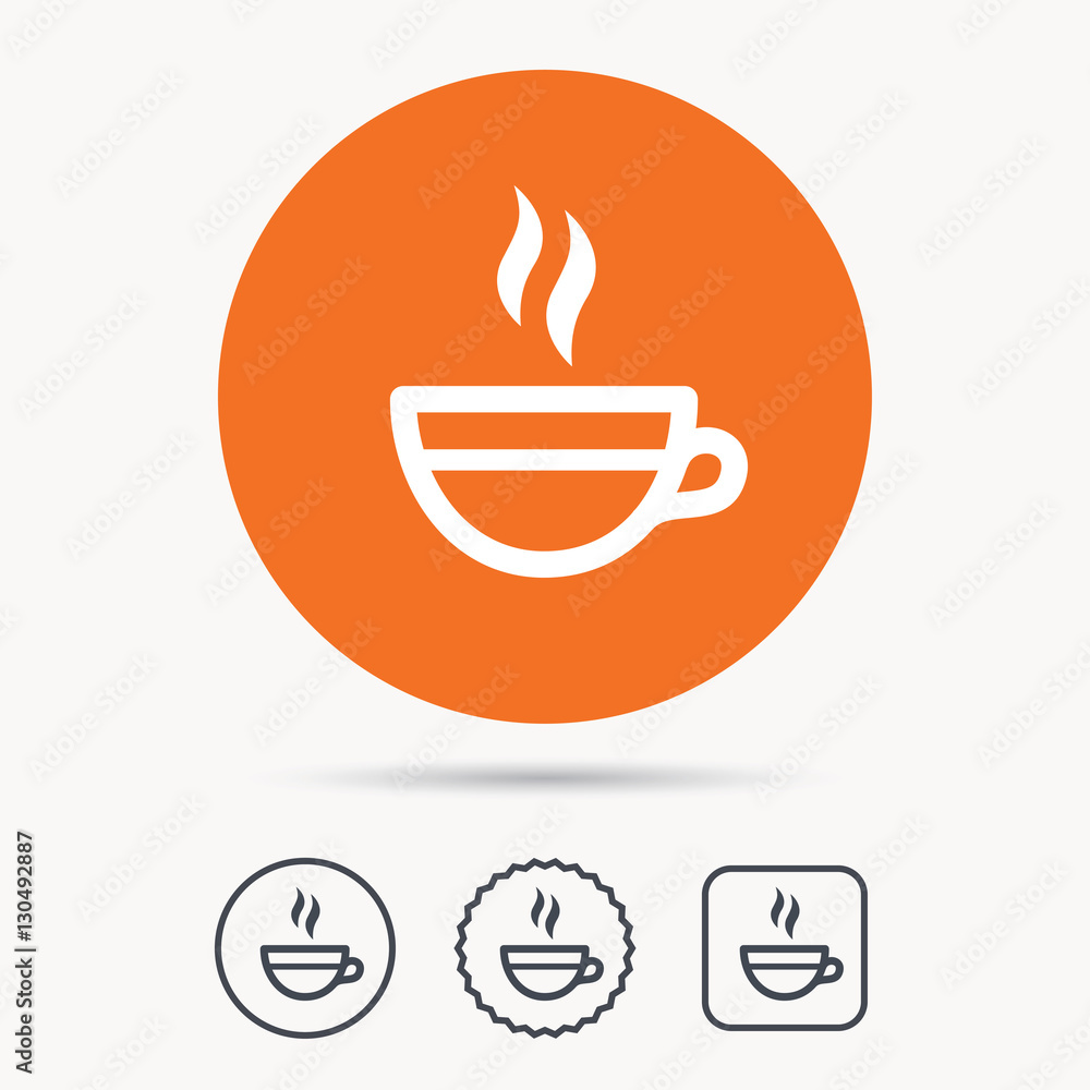 Tea cup icon. Hot coffee drink symbol. Orange circle button with web icon. Star and square design. Vector Tea cup icon. Hot coffee drink symbol. Orange circle button with web icon. Star and square design. Vector