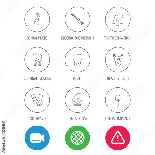 Tooth extraction, electric toothbrush icons. Dental implant, floss and dentinal tubules linear signs. Toothpaste icon. Video cam, hazard attention and internet globe icons. Vector