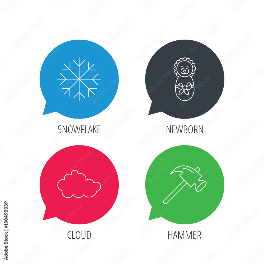 Colored speech bubbles. Newborn, cloud and snowflake icons. Hammer linear sign. Flat web buttons with linear icons. Vector