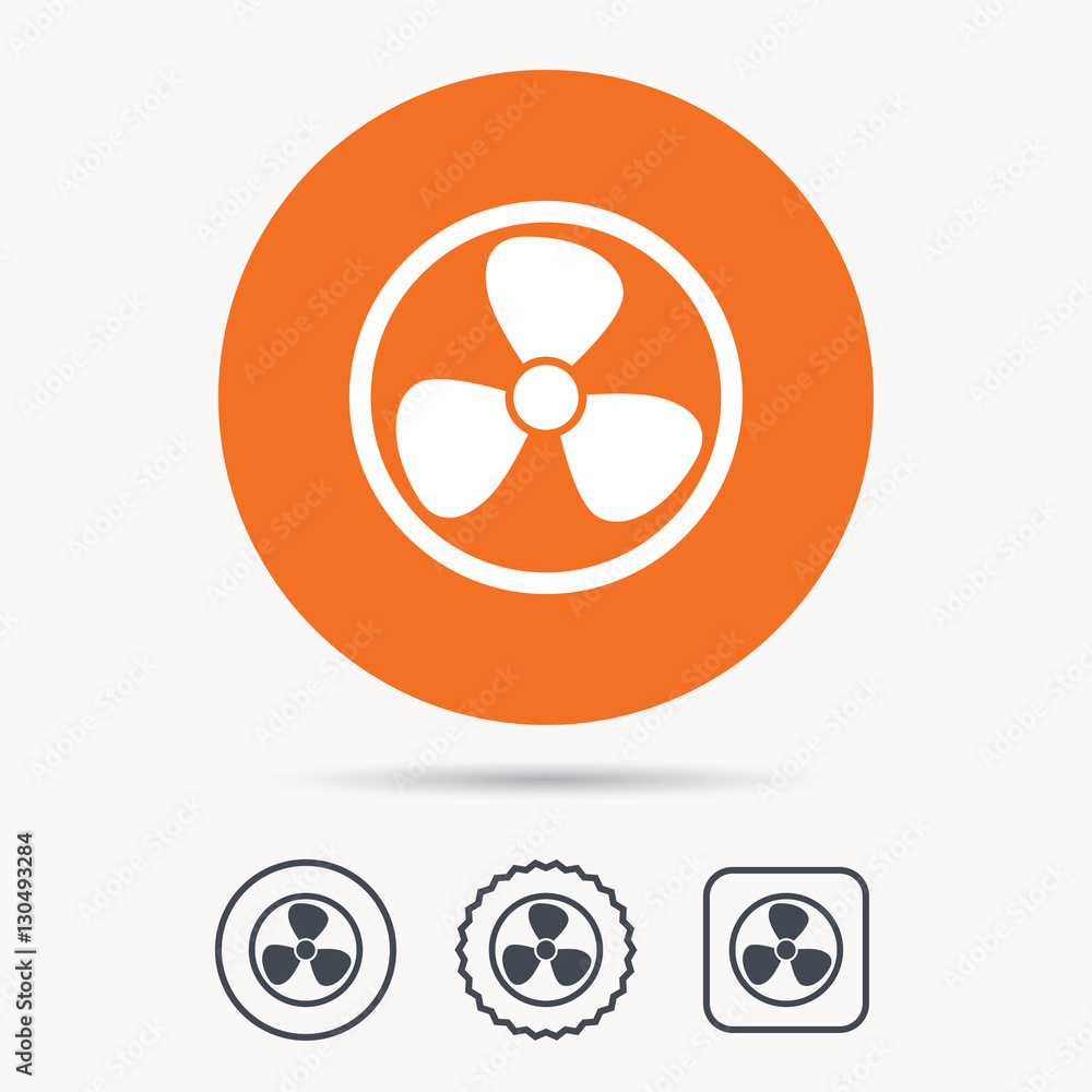 Ventilation icon. Air ventilator or fan symbol. Orange circle button with web icon. Star and square design. Vector Ventilation icon. Air ventilator or fan symbol. Orange circle button with web icon. Star and square design. Vector