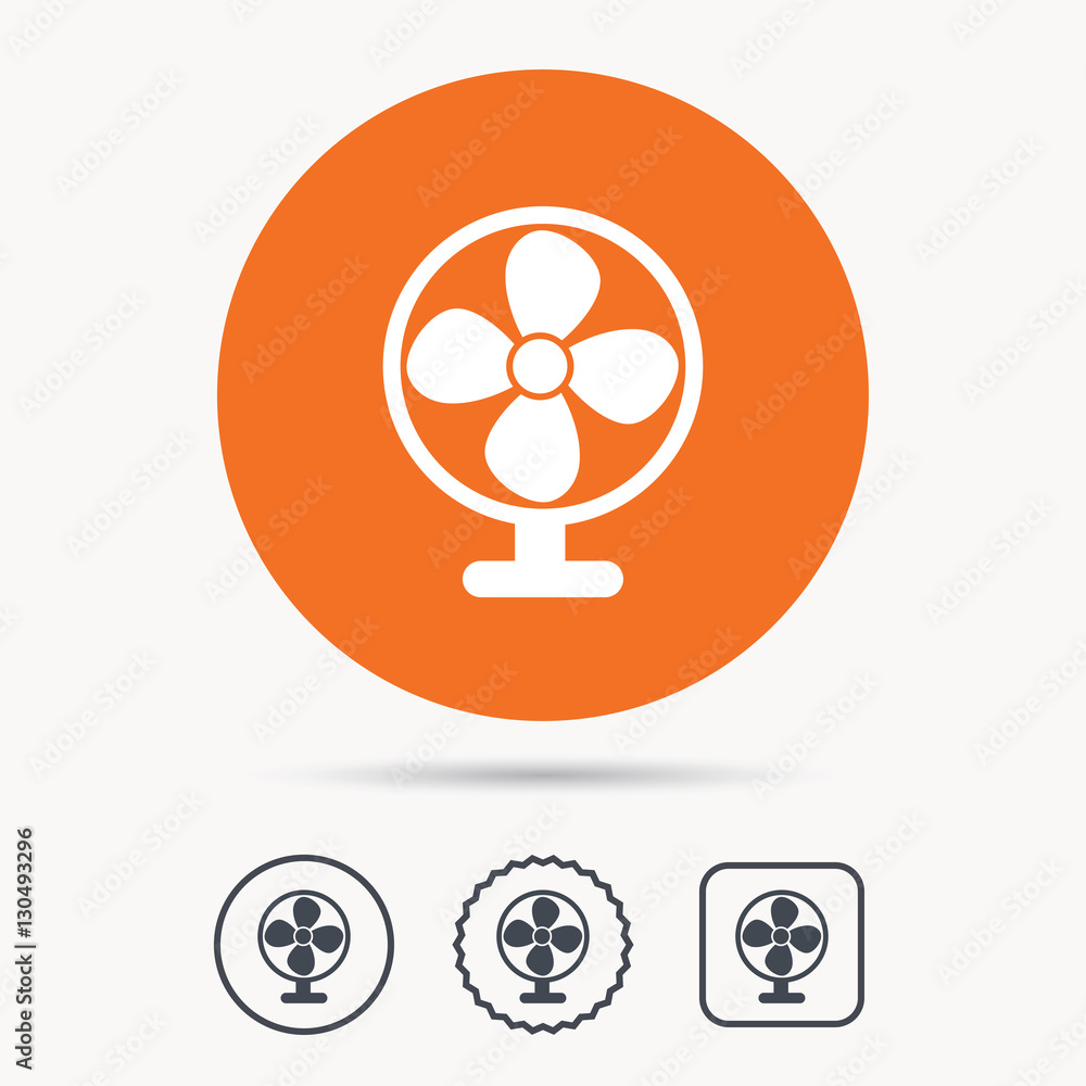Ventilator icon. Air ventilation or fan symbol. Orange circle button with web icon. Star and square design. Vector Ventilator icon. Air ventilation or fan symbol. Orange circle button with web icon. Star and square design. Vector