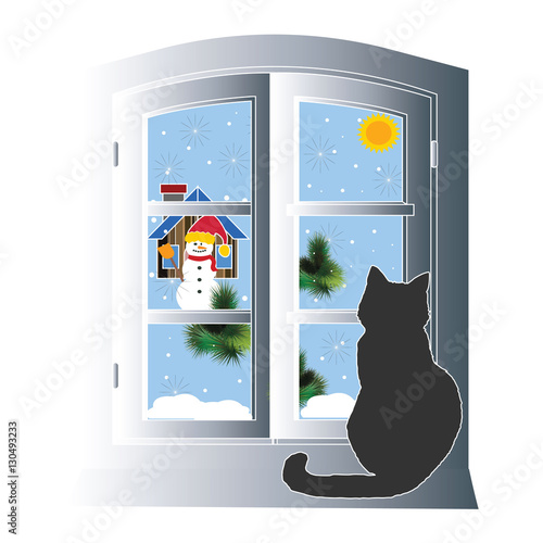 Winter christmas vector illustration. Black cat on the window sill. Cat looking out window on the snow, sun,home,snowman.