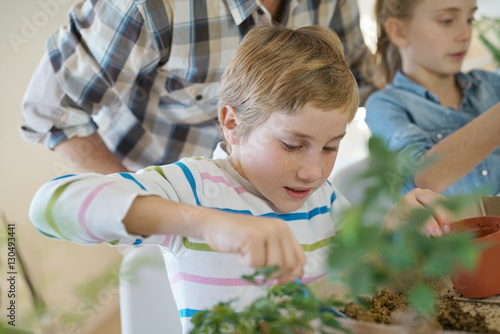 School boy in biology class learning about plant
