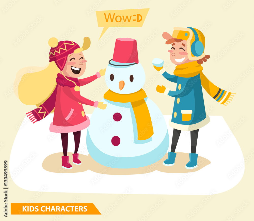 kids boy and girl characters design with snowman kids boy and girl characters design with snowman
