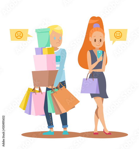 man waiting girl shopping character design