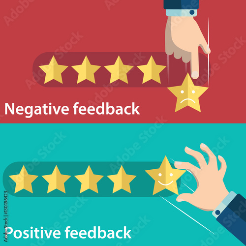 Business hand give five star of positive and negative feedback. Vector illustration of customer feedback concept. Minimal and flat design
