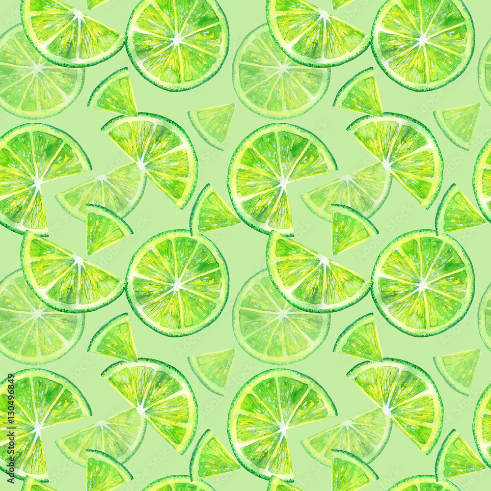 Seamless pattern of a lemon lime.Fruit picture.Watercolor hand drawn illustration.Green background