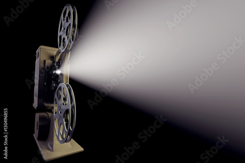 3D illustration of retro film projector with light beam on black frontal