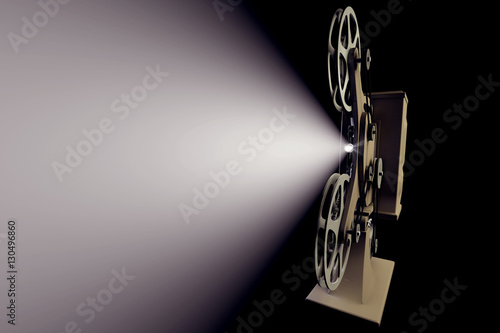 3D illustration of retro film projector with light beam on black front view
