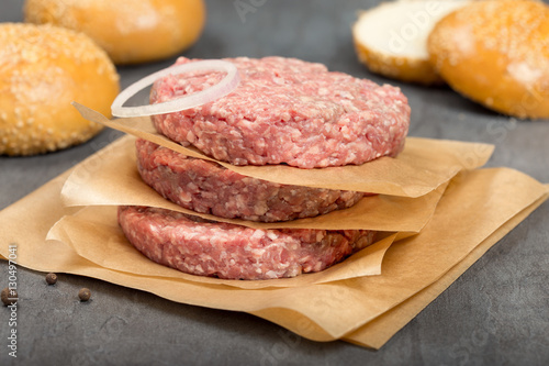 Chopped meat and the buns for hamburger