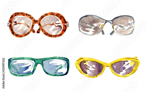 Shapes of male and female glasses, isolated set hand painted watercolor illustration 