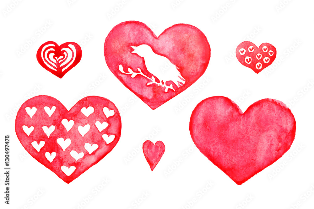 Hearts watercolor, isolated set hand painted watercolor illustration 
