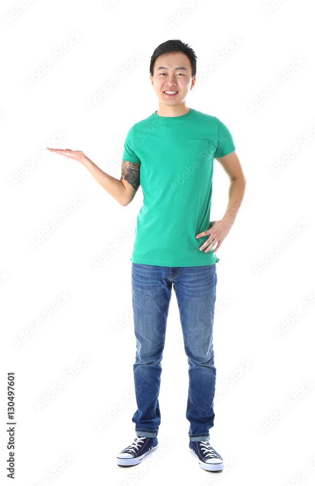 Asian man in blank green t-shirt on white background Asian man in blank green t-shirt on white background
