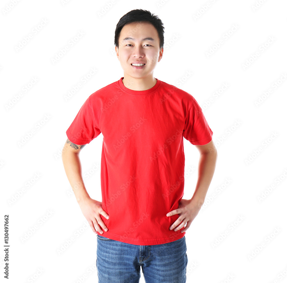 Fototapeta premium Asian man in blank red t-shirt on white background