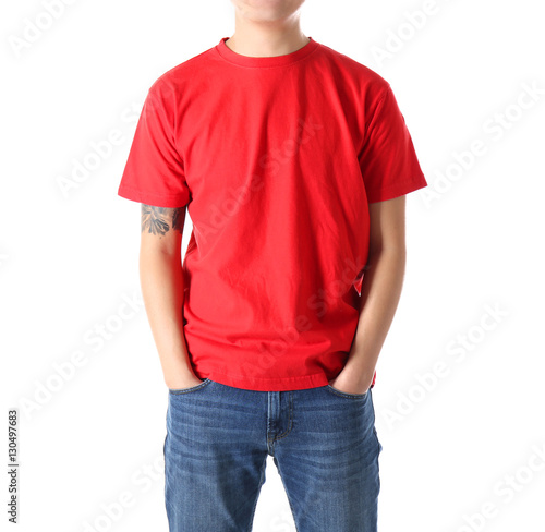 Young man in blank red t-shirt on white background, close up