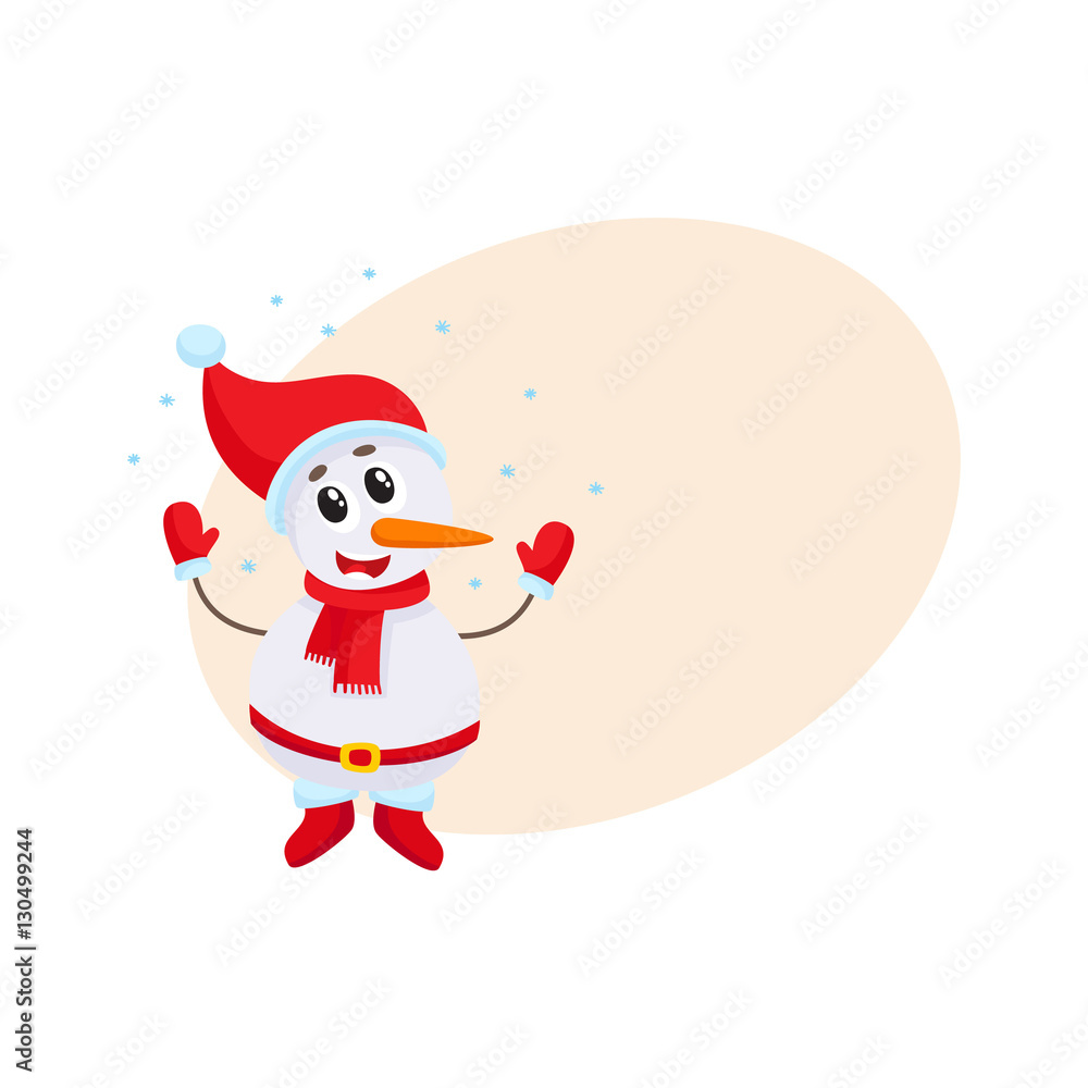 Cute funny little snowman under falling snow, cartoon vector illustration isolated with background for text. Funny snowman in hat and mittens happy with snowfall, Christmas season decoration element Cute funny little snowman under falling snow, cartoon vector illustration isolated with background for text. Funny snowman in hat and mittens happy with snowfall, Christmas season decoration element