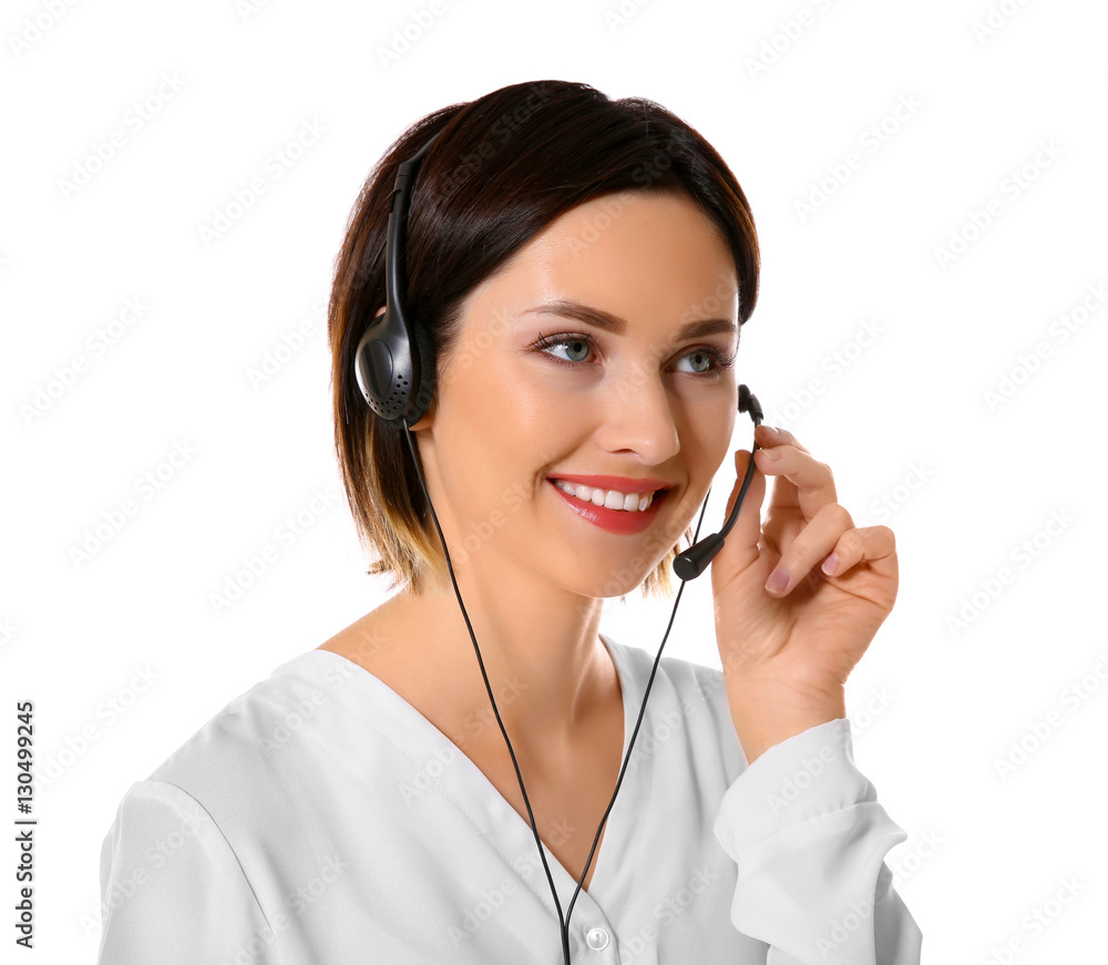 Female technical support call center dispatcher on white background Female technical support call center dispatcher on white background