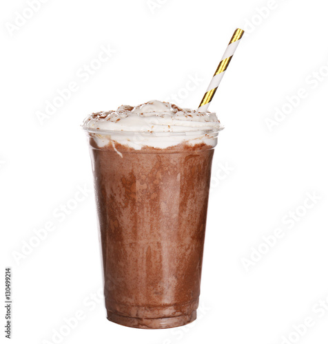 Tasty chocolate milkshake in plastic cup isolated on white