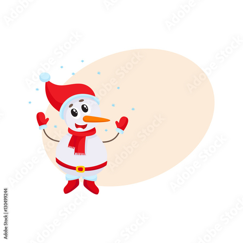Cute funny little snowman under falling snow, cartoon vector illustration isolated with background for text. Funny snowman in hat and mittens happy with snowfall, Christmas season decoration element