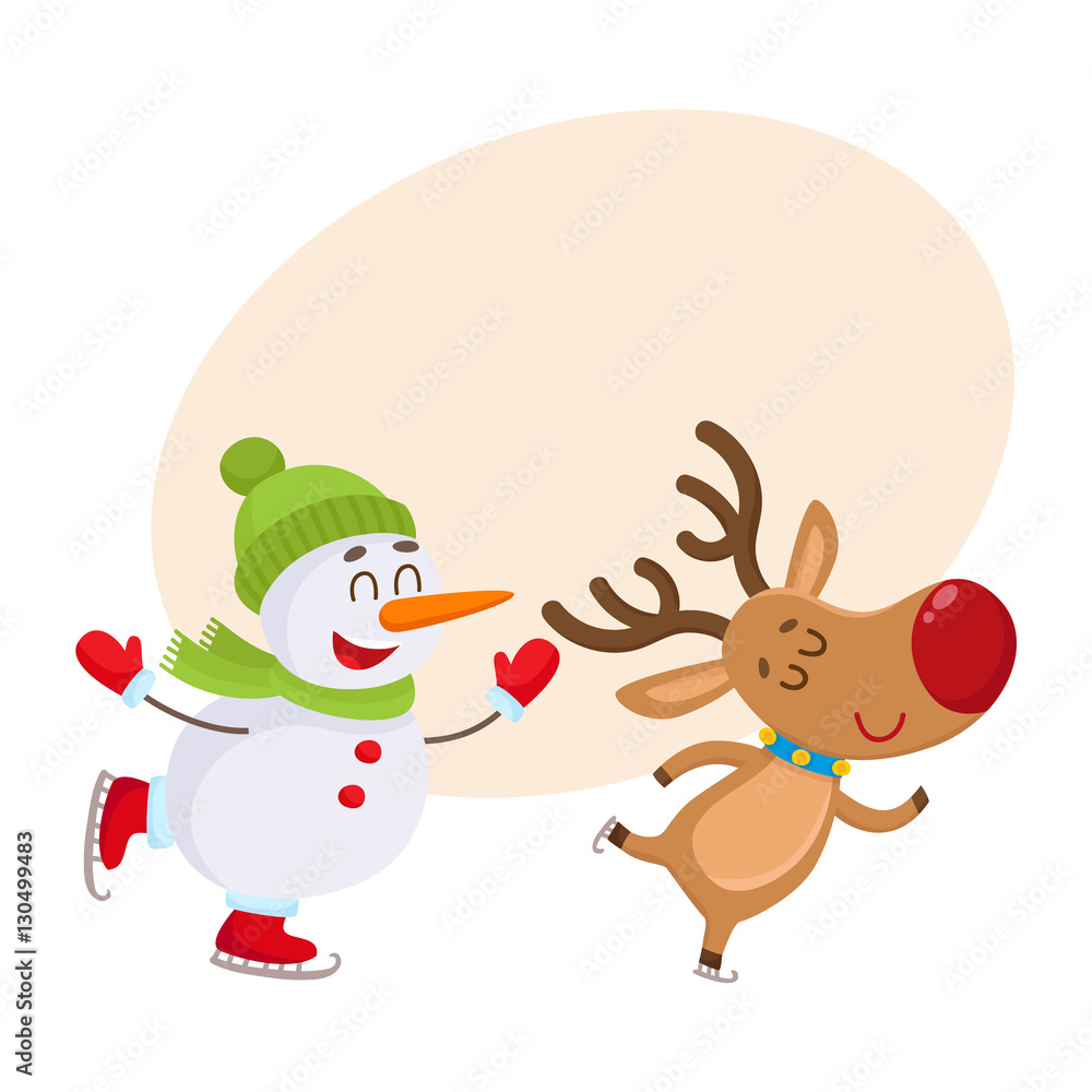 funny reindeer and snowman skating on ice, cartoon vector illustration isolated on white background with background for text. Deer and snowman, Christmas attributes, decoration elements funny reindeer and snowman skating on ice, cartoon vector illustration isolated on white background with background for text. Deer and snowman, Christmas attributes, decoration elements
