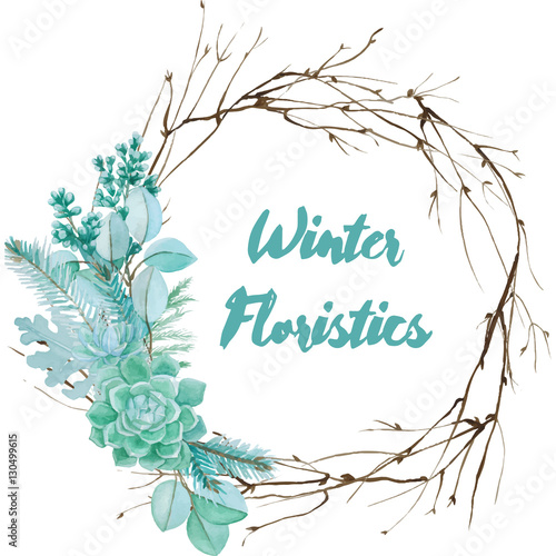 Winter watercolor floristic composition made of succulents and silver leaves. Vector decorative element for your design. Succulent watercolor border.