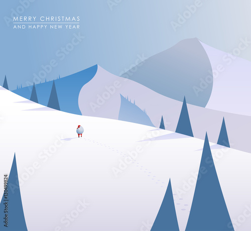 Winter mountain landscape scenery, walking Santa Claus with his