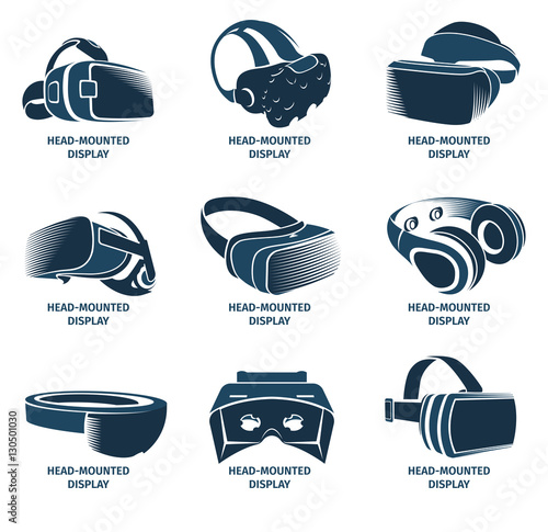 Isolated vr headset logotype set. Virtual reality helmet logo. Head-mounted display icon collection.  device. Futuristic gaming element. Simulation smartglasses vector illustration .