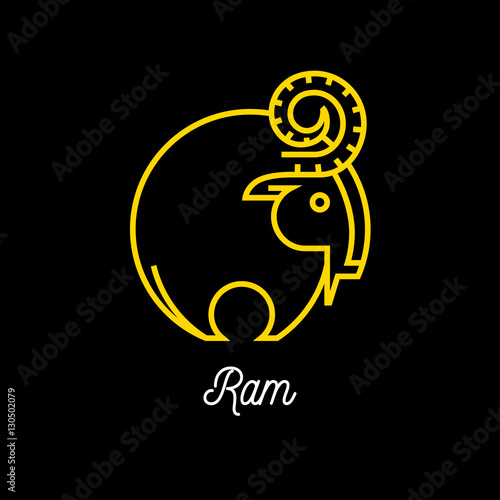 Logo of an abstract yellow line wild ram icon on black background. Vector illustration.
