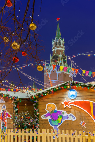 Spasskaya Kremlin Tower and Christmas Market, Moscow, Russia