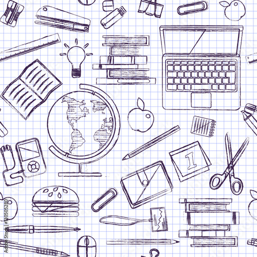 Drawn with a ballpoint pen school seamless pattern. Linear design elements, object for school semester, textile, fabric, wrapping paper, satchel, baners, print