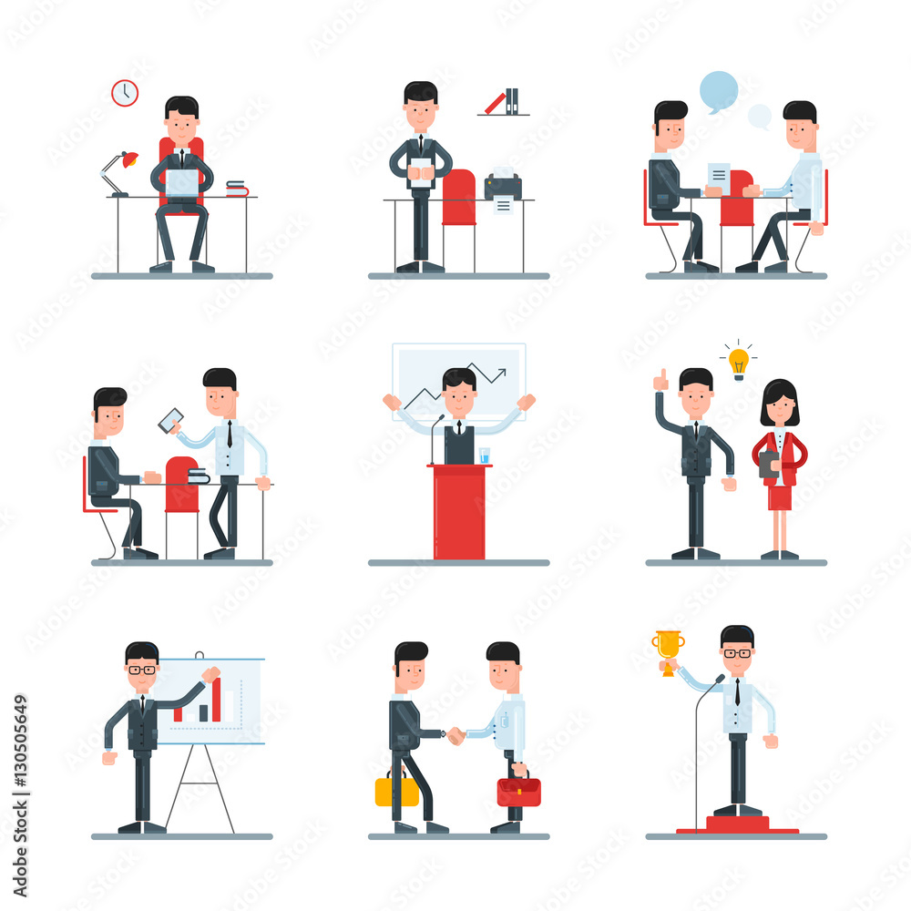 Set of flat line vector illustrations with cartoon characters businessmen in different situations Set of flat line vector illustrations with cartoon characters businessmen in different situations