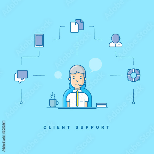 Client support. Cartoon character talking on headset. Vector illustration in blue with flat line icons photo