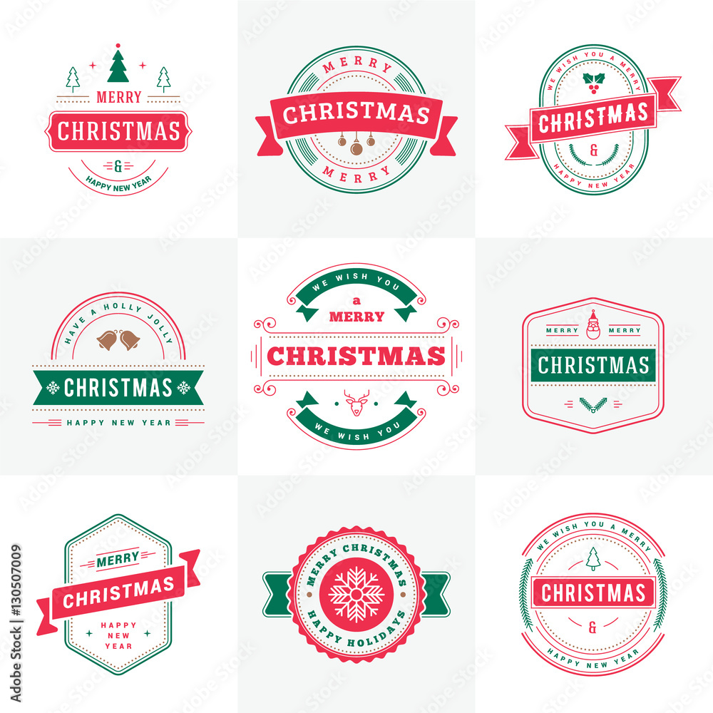 Set of Merry Christmas and Happy New Year decorative typographic design elements for greeting cards or Invitations. Vector Illustration