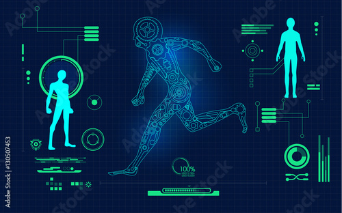 abstract technological health care; science blue print; running robot on scientific interface; digital blueprint of cyborg's parts