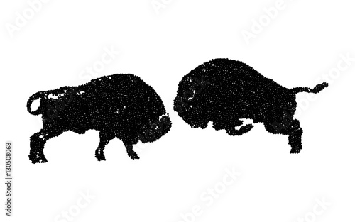 two black bison fighting. stipple effect. white background. vector illustration.