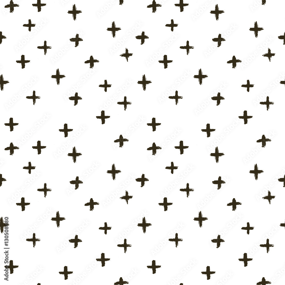 Vector doodle pattern with crosses, made of brush stroke. Black and white seamless background.