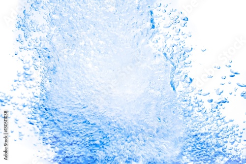 Water splash blue, show the motion with bubbles of air, on white background
