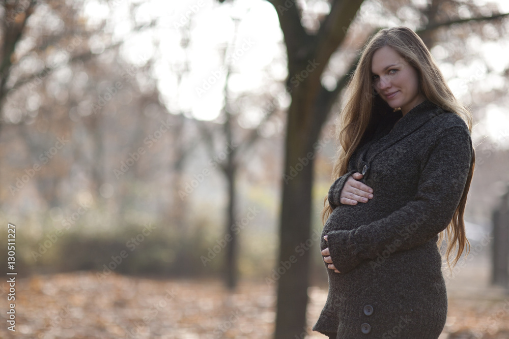 Junge Frau mit Babybauch in herbstlicher Parkszenerie Junge Frau mit Babybauch in herbstlicher Parkszenerie
