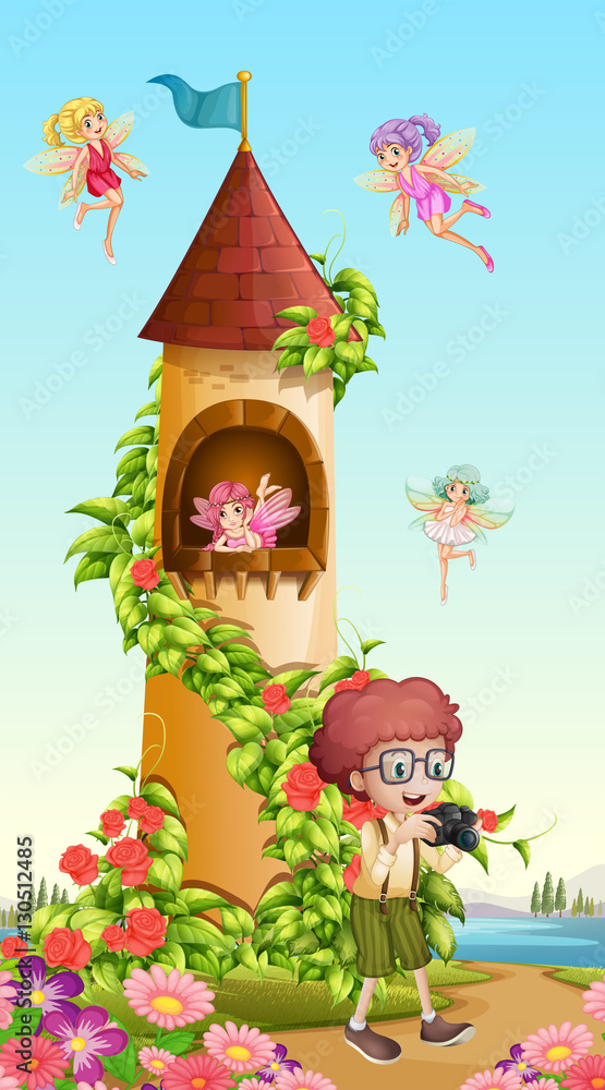 Fototapeta Boy taking picture of tower with fairies