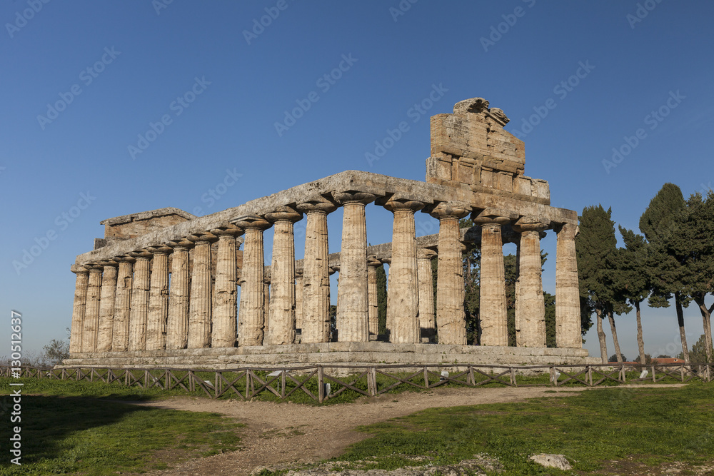 Archaeological site of Paestum in Italy. Greek Temple of Athena or Cerere