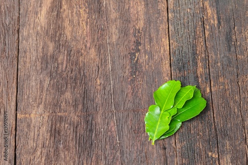 Kaffir lime leaves on wooden floor background  