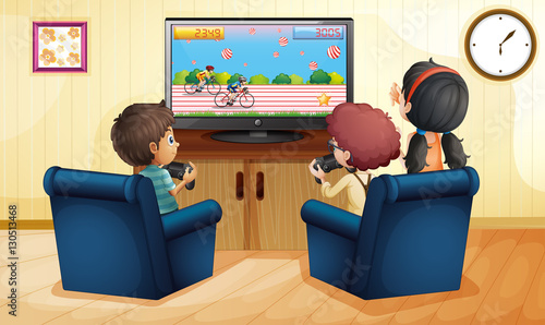Boys and girl playing vdo game together