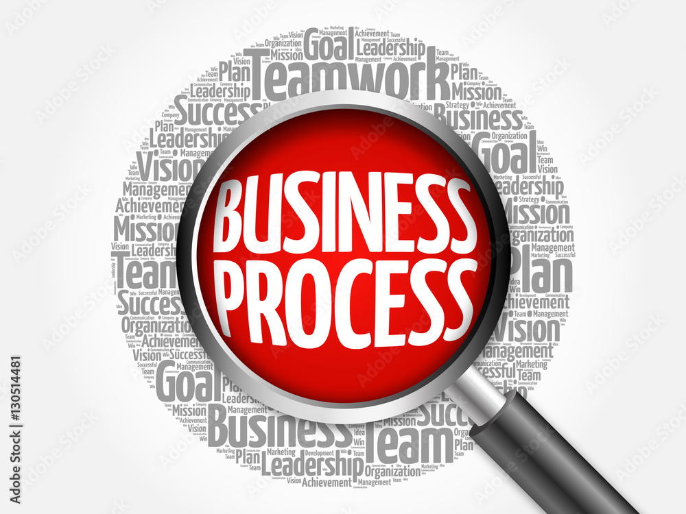Business Process word cloud with magnifying glass, business concept 3D illustration Business Process word cloud with magnifying glass, business concept 3D illustration