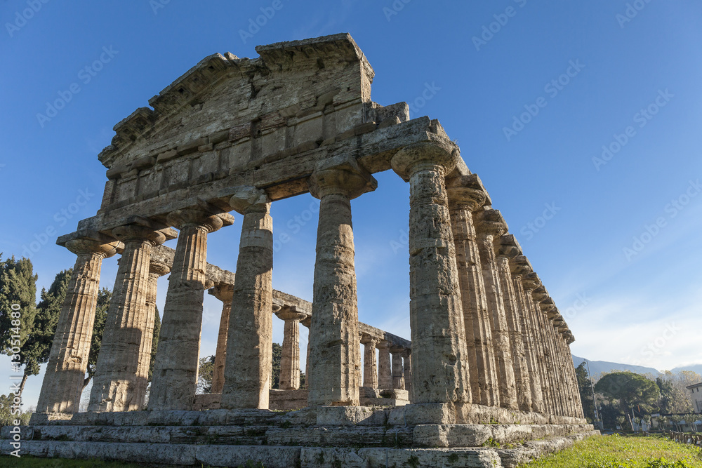 Rear view of greek Athena temple, archaeological site of Paestum, Italy