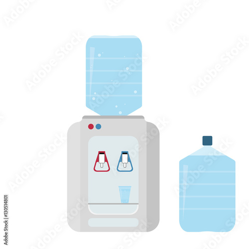 Office water cooler with big plastic bottle and plastic cup. Vector illustration