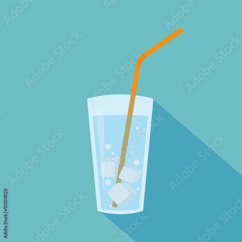 Glass of water with ice cubes and orange straw. Vector illustration