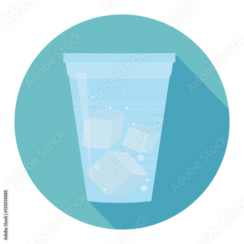 Plastic cup of water with bubbles and ice cubes. Flat design. Vector illustration