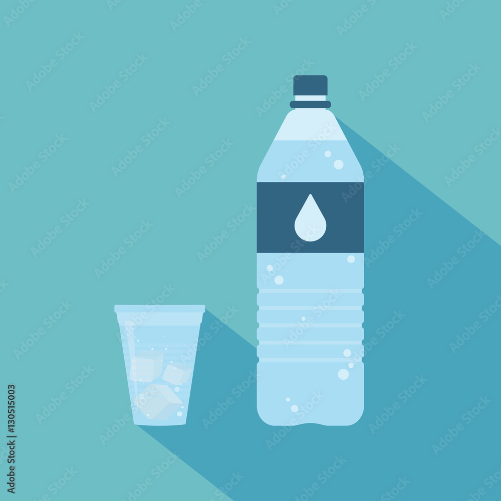 Plastic bottle of pure water with lable and drop on it. Plastic cup of water with ice cubes. Set. Vector illustration Plastic bottle of pure water with lable and drop on it. Plastic cup of water with ice cubes. Set. Vector illustration