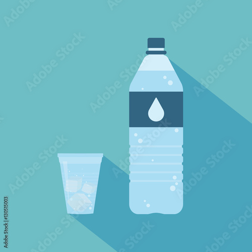Plastic bottle of pure water with lable and drop on it. Plastic cup of water with ice cubes. Set. Vector illustration
